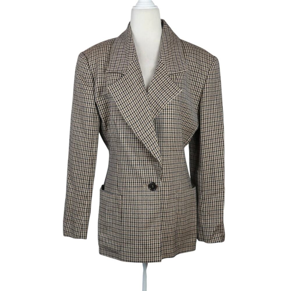 Vintage 80s/90s Calvin Klein Tan Houndstooth Plaid Wool Blazer Jacket 8